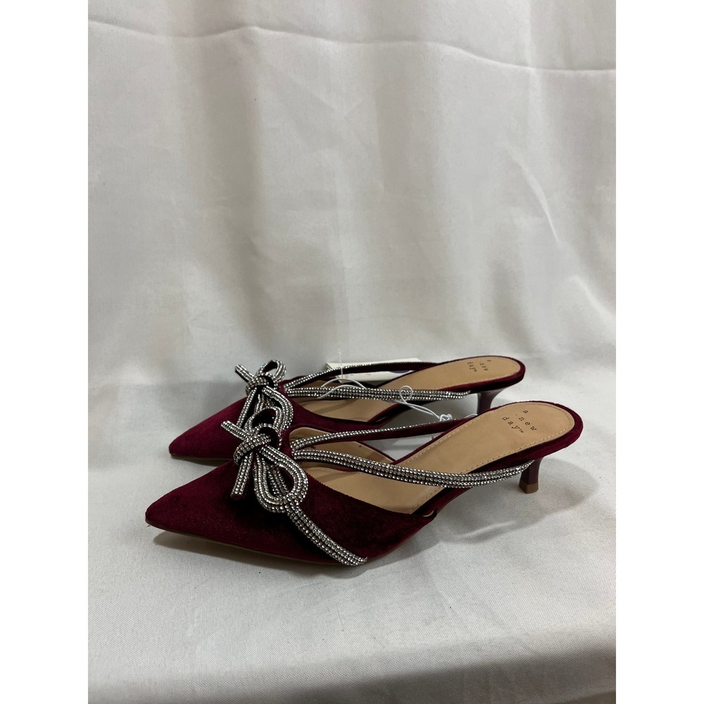 A New Day Womens Burgundy Velvet Rhinestone Bow Kitten Heel Mules Size 6